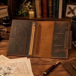Distressed Leather Journal Cover, Refillable Notebook Leather-Sleeve, Zippered Pocket Sketchbook, Pen-Loop, Card-Slots | Personalised-Gift