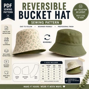 May include: A sewing pattern for a reversible bucket hat. The image shows two hats, one with a floral pattern and the other solid green. The pattern includes step-by-step instructions, is beginner-friendly, and offers a professional finish. Measurements are in centimeters.
