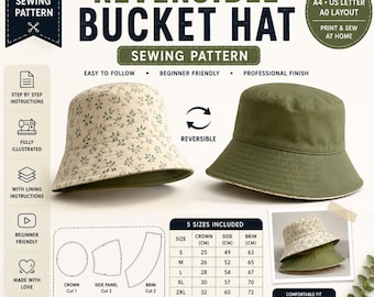 Reversible Bucket Hat Sewing Pattern | Beginner Friendly PDF, Sizes S-2XL (Instant Download)