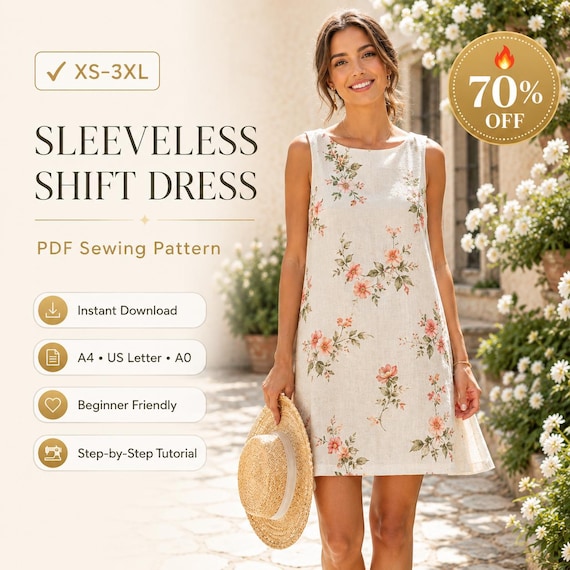 Sleeveless A-Line Shift Dress Sewing Pattern | Sizes XS-3XL (PDF Download)