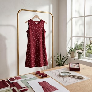 May include: A sleeveless, knee-length dress in a deep burgundy red color, featuring a repeating white floral pattern. The dress has a round neckline and is displayed on a wooden hanger suspended from a gold-toned metal clothing rack.