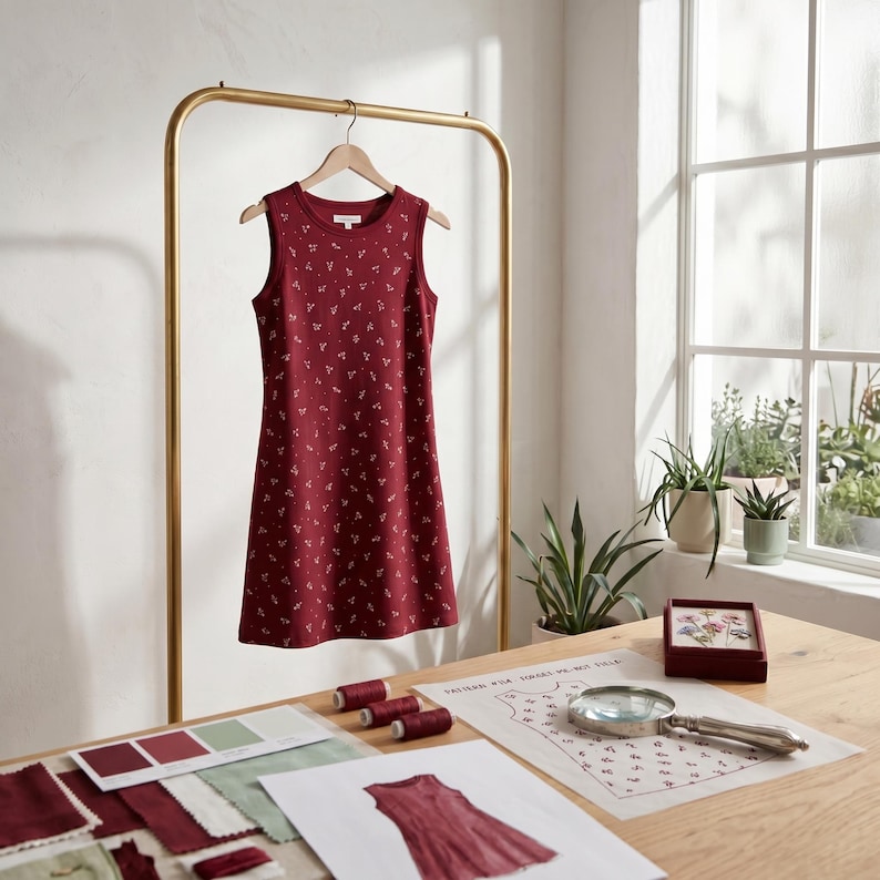 May include: A sleeveless, knee-length dress in a deep burgundy red color, featuring a repeating white floral pattern. The dress has a round neckline and is displayed on a wooden hanger suspended from a gold-toned metal clothing rack.