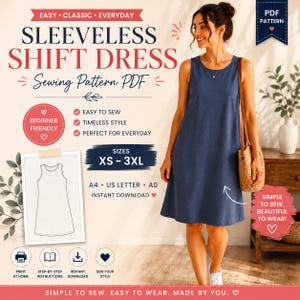 May include: A digital sewing pattern for a sleeveless shift dress, featuring text including SLEEVELESS SHIFT DRESS, Sewing Pattern PDF, and sizes XS-3XL. The image displays a blue sleeveless shift dress, a line drawing of the dress, and icons.