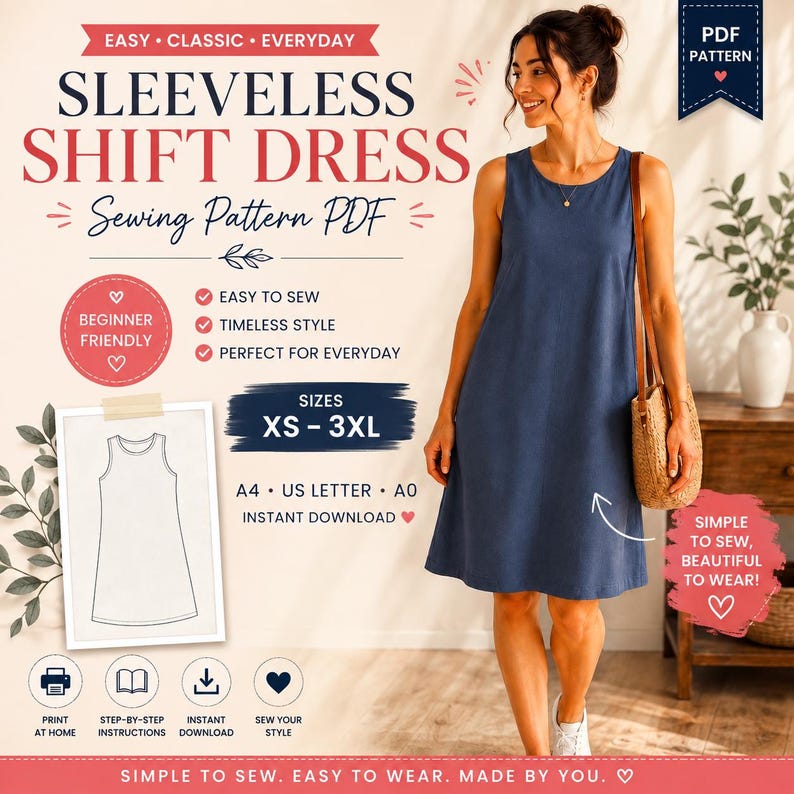 May include: A digital sewing pattern for a sleeveless shift dress, featuring text including SLEEVELESS SHIFT DRESS, Sewing Pattern PDF, and sizes XS-3XL. The image displays a blue sleeveless shift dress, a line drawing of the dress, and icons.