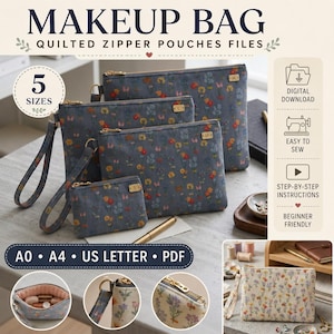 May include: A collection of five quilted zipper pouches in various sizes, featuring a floral pattern on a gray background. Each pouch has a gold zipper and a wrist strap. The image includes text that says "MAKEUP BAG" and "QUILTED ZIPPER POUCHES FILES".