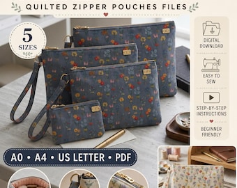 Makeup Bag Sewing Pattern PDF | Quilted Zipper Pouches | A0 A4 US Letter | Beginner Friendly