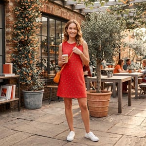 May include: A sleeveless red mini dress featuring a subtle repeating pattern, paired with white sneakers and a small orange crossbody bag. The dress has a simple round neckline and a straight silhouette that falls above the knee, creating a casual look.
