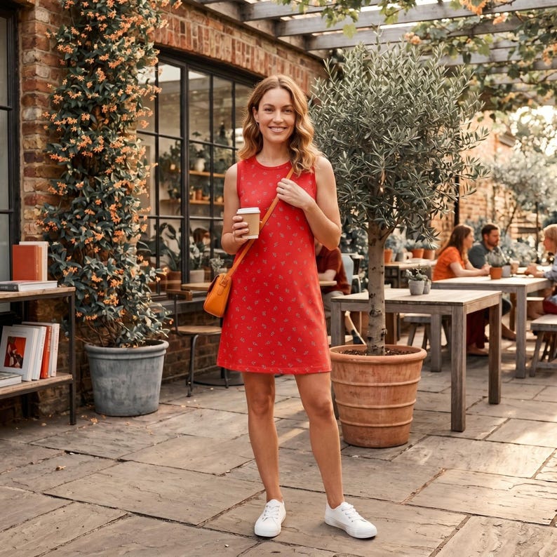 May include: A sleeveless red mini dress featuring a subtle repeating pattern, paired with white sneakers and a small orange crossbody bag. The dress has a simple round neckline and a straight silhouette that falls above the knee, creating a casual look.
