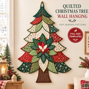 May include: A quilted Christmas tree wall hanging PDF sewing pattern with full-size templates. The tree features layered fabric leaves in shades of red, green, and cream with floral patterns, topped with a central poinsettia design.