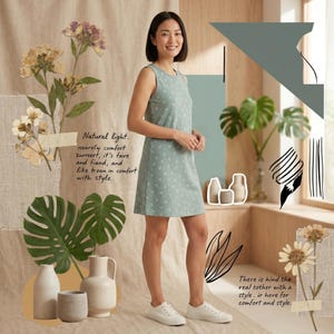 May include: A sleeveless sage green mini dress featuring a small white floral pattern, paired with white sneakers. The image includes decorative botanical illustrations, abstract shapes, and text overlays that read Natural light and There is hind the real tother.