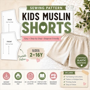 Easy Kids Shorts Sewing Pattern Muslin Elastic Waist Shorts (Sizes 2–16Y) | DIY Summer Kids Clothes