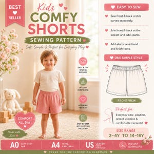 Easy Kids Shorts Sewing Pattern Muslin Elastic Waist Shorts (Sizes 2–16Y) | DIY Summer Kids Clothes
