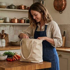 May include: A plain, light beige canvas tote bag with two sturdy shoulder straps, featuring a simple rectangular structure and a flat base, designed for carrying items, shown in a neutral, unadorned fabric finish.