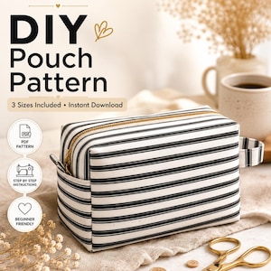 May include: A rectangular pouch featuring a black and white striped pattern with a gold-toned zipper closure and a side handle. The text reads DIY Pouch Pattern, 3 Sizes Included, Instant Download, PDF Pattern, Step by Step Instructions, Beginner Friendly.