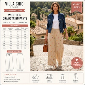 Wide Leg Pajama Pants Sewing Pattern PDF, Beginner Friendly Lounge Pants Pattern, Women’s Sleepwear, Elastic Waist, XS-5XL, Instant Download