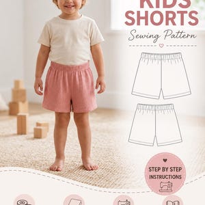 Könnte beinhalten: Ein Schnittmuster für Kinder-Shorts mit dem Text EASY SEW KIDS SHORTS Sewing Pattern, STEP BY STEP INSTRUCTIONS, 2-16Y SIZES, COMFORTABLE FIT, BEGINNER FRIENDLY, DETAILED GUIDE und einer Strichzeichnung der Shorts.