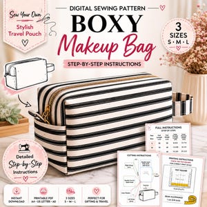 May include: Digital sewing pattern for a boxy makeup bag with step-by-step instructions. The bag is white with black horizontal stripes, a gold zip, and a side pocket. Includes instructions for three sizes: small, medium, and large. The text on the image says "Sew Your Own Stylish Travel Pouch".