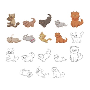 May include: A collection of seventeen cat illustrations arranged in a grid. The set includes a mix of colored and black-and-white line art drawings depicting various feline poses, including sitting, sleeping, playing, and stretching in different styles.