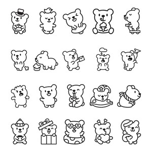 Pode incluir: Uma coleção de vinte ícones de arte linear em preto e branco com ursos de desenho animado em várias poses e atividades, incluindo segurar itens como um presente, coração, avião de papel, xícara e usar acessórios como chapéus e óculos.