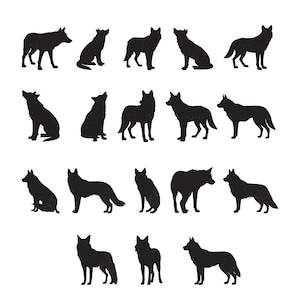 Puede incluir: Una colección de diecisiete siluetas negras de lobos en varias posturas, incluyendo de pie, sentados y aullando. El conjunto presenta diversos perfiles de los animales, mostrando diferentes orientaciones y posturas dispuestas en una cuadrícula.