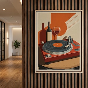 Turntable Canvas Wall Art, Retro Vinyl Record Canvas, Wine Music Wall Decor, Vintage Audio Artwork, Modern Listening Room Canvas Decor