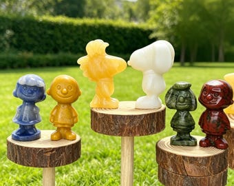 Hand Carved Gemstone Peanuts Characters Figurine Set, Snoopy Lucy Woodstock Desk Decor