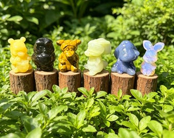 Winnie the Pooh Natural Gemstone Carvings, 6Pcs Mini Cartoon Figurines Set