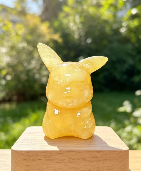 Natural Yellow Calcite Pikachu Carving, Cute Cartoon Crystal Figurine, Reiki Healing Crystal Decor Gift