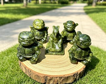 Hand Carved Natural Serpentine Ninja Turtle Figurines, Cartoon Crystal Desk Decor (Approx 6cm)