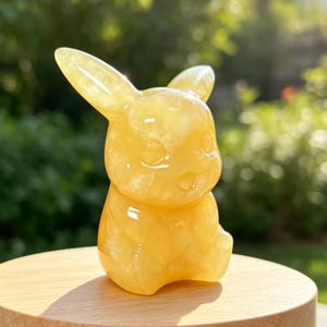 May include: A yellow translucent crystal carving shaped like a small creature with long pointed ears, a rounded head, and a seated posture. The surface of the stone is smooth and polished, reflecting light with a glossy finish across its form.