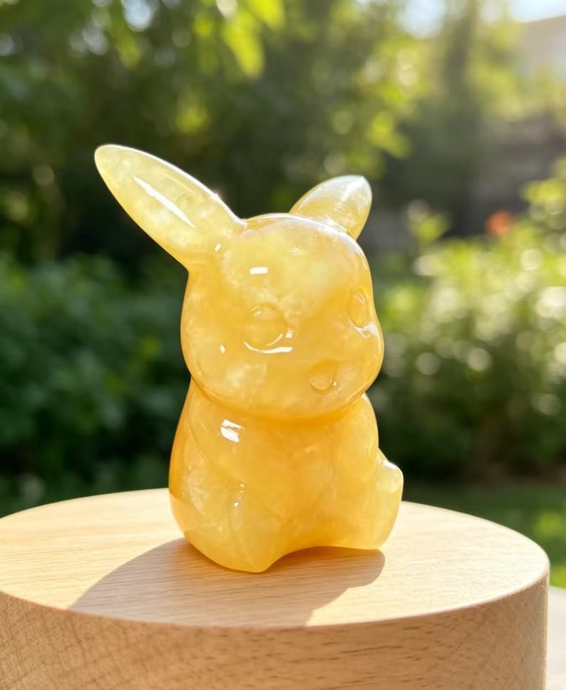 May include: A yellow translucent crystal carving shaped like a small creature with long pointed ears, a rounded head, and a seated posture. The surface of the stone is smooth and polished, reflecting light with a glossy finish across its form.