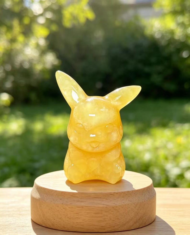May include: A yellow translucent carved stone figurine shaped like a creature with long pointed ears and a small smiling face. The figurine is positioned on a smooth, round, light-coloured wooden base that has a flat top and curved sides.
