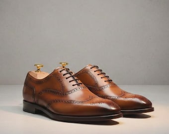 Men’s Handmade Brown Leather Wingtip Oxford Shoes  Classic Brogue Formal Dress Shoes