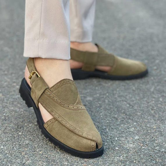 Mens Handmade Suede Peshawari Sandals Traditional Leather Wedding Footwear