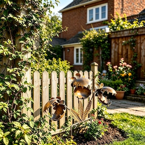 May include: A metal garden sculpture featuring three stylized, open-mouthed plant forms with serrated edges, finished in a metallic bronze tone. The sculpture is supported by thin stems and fern-like leaves, positioned in front of a wooden picket fence.