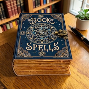 Może przedstawiać: Ciemnoniebieska książka w twardej oprawie z napisem The Book of Spells, złotymi literami i skomplikowanymi geometrycznymi wzorami na okładce. Książka posiada mosiężne metalowe zapięcie oraz grube, teksturowane, jasnobrązowe strony.