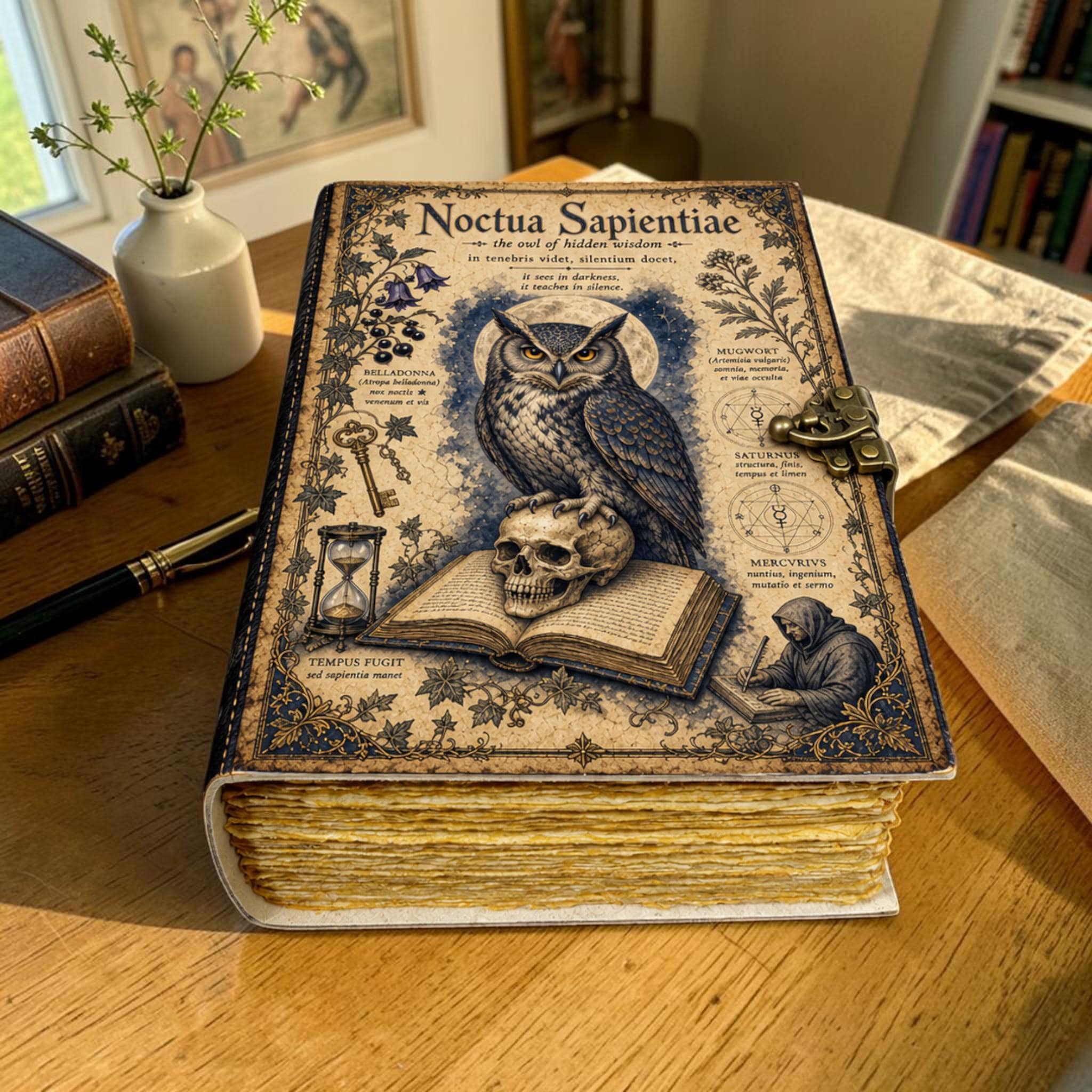 Owl Leather Journal with Lock, Gothic Occult Notebook, Mystical Fantasy Journal, Ancient Wisdom Book