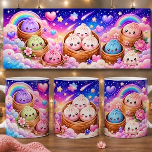 Könnte beinhalten: Ein weißer Keramikbecher mit einer bunten Grafik von lächelnden, anthropomorphen Teigtaschen in Bambusdämpfern. Das Design zeigt einen lebendigen Nachthimmel mit Regenbögen, Sternen, Herzen und flauschigen Wolken in Rosa, Blau und Violett.