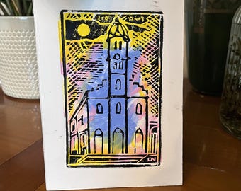 Handgeschilderde linosnede – historische kerk van Salvador, Bahia – afkomstig uit Brazilië