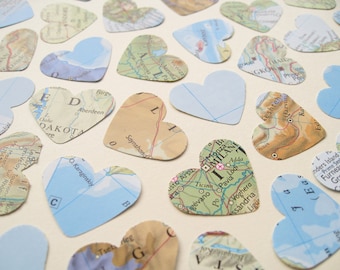 1 Inch World Map Atlas Confetti Paper Hearts / Wedding Engagement Birthday Leaving Party / Heart Travel Decor