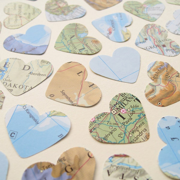 1 Inch World Map Atlas Confetti Paper Hearts / Wedding Engagement Birthday Leaving Party / Heart Travel Decor