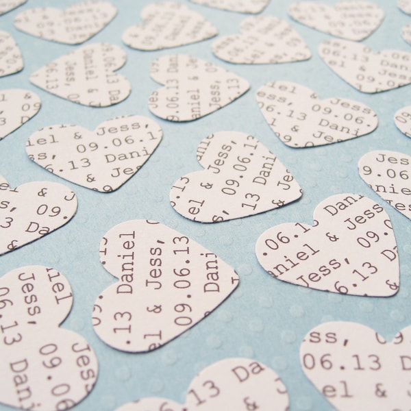 Personalised Heart Confetti / White, Cream, Pastel Green, Pastel Blue / Any wording / Customised Hearts / Wedding Engagement Party Decor