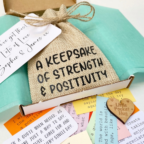 A Keepsake Bag of Strength and Positivity / 31 Quotes and Pocket Hug Token / Post Send Direct / Self Care Wellness Mental Health Quote Gift