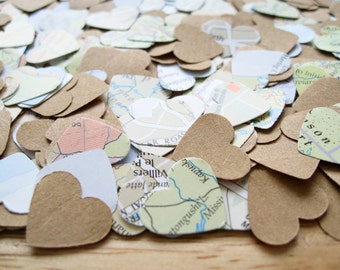 Map Kraft Confetti Heart Mix / Wedding Engagement Leaving Party Invitations / Travel Atlas Decor