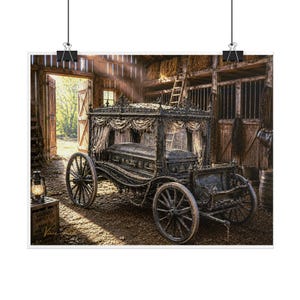 May include: A black ornate funeral carriage with a casket inside, featuring intricate metal scrollwork, draped fabric curtains, and large spoked wheels. The carriage is positioned within a rustic wooden barn with sunlight streaming through the open doors.