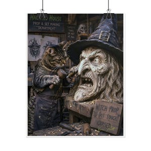 May include: A tabby cat wearing a brown apron uses a mallet and chisel to carve a detailed witch head sculpture wearing a pointed hat. A wooden sign reads WITCH PROP DO NOT TOUCH! CURSED. The workshop background includes signs for HAUNTED HOUSE.