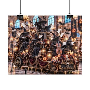 May include: A dark, ornate carriage decorated with autumn leaves, pumpkins, and skulls, carrying a group of figures in black robes and pointed hats playing violins, a cello, and a piano, with a conductor standing above in a grand hall.