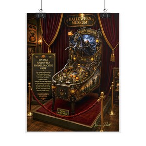 May include: A vintage pinball machine titled The Headless Horseman, featuring intricate dark gothic detailing, illuminated pumpkin accents, and a central horse sculpture. A sign beside the machine provides historical context about the game.