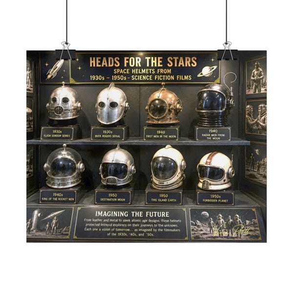 Retro Sci-Fi Space Helmets | 1930s through 1950s Movie Props | Vintage Science Fiction Cinema | Futuristic Museum Exhibit | Art Print