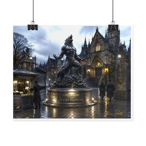 May include: A dark, atmospheric art print featuring a large, central bronze-colored statue of a werewolf howling in front of a gothic stone building. The base of the statue reads Museum for Night Hunting. Two figures in long coats walk toward the entrance.